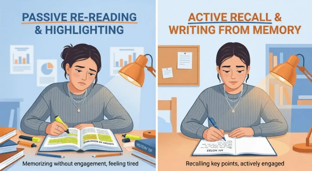 Split illustration comparing passive re-reading with active recall as a study technique