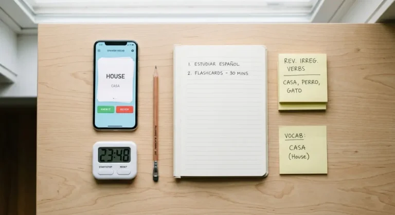 Top-down view of a study desk with phone showing flashcard app, notebook, timer, and sticky notes for effective studying