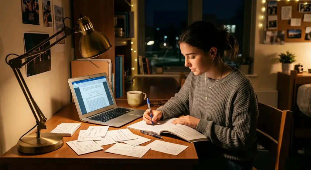 A university student studying effectively at a clean desk with flashcards and notebook at night