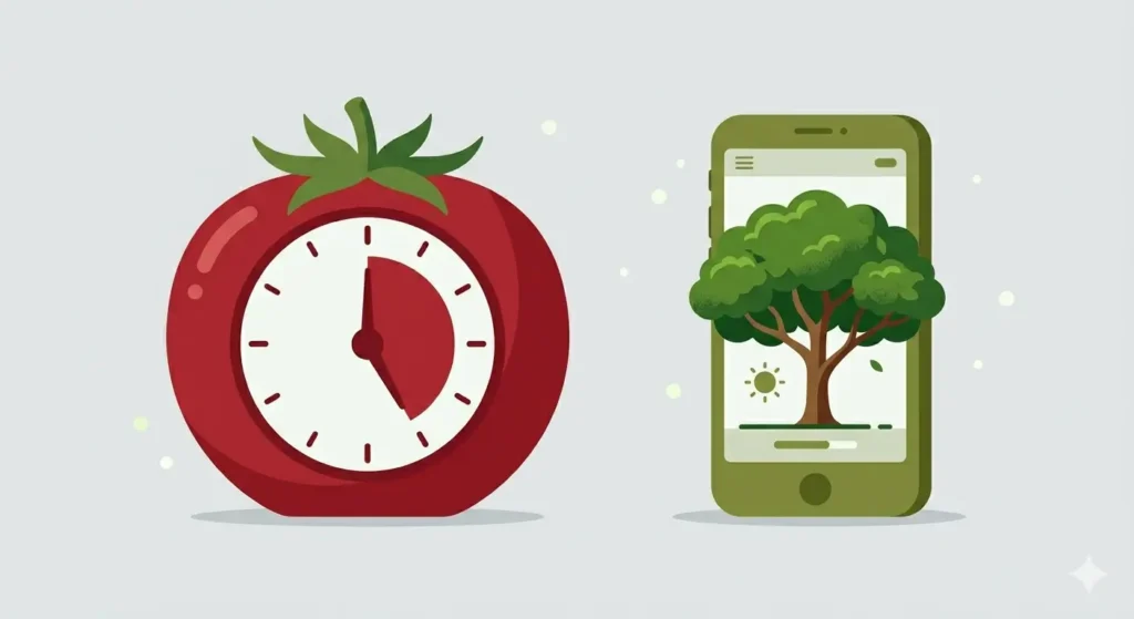 Pomodoro study timer showing 25 minutes next to Forest app on a phone screen for focused studying