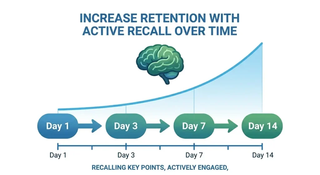 Spaced repetition timeline showing review intervals at day 1, day 3, day 7, and day 14 for better memory retention