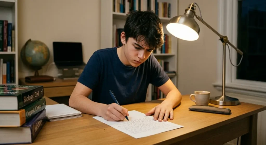 A student writing from memory on a blank page with textbook and notes closed beside them on the desk