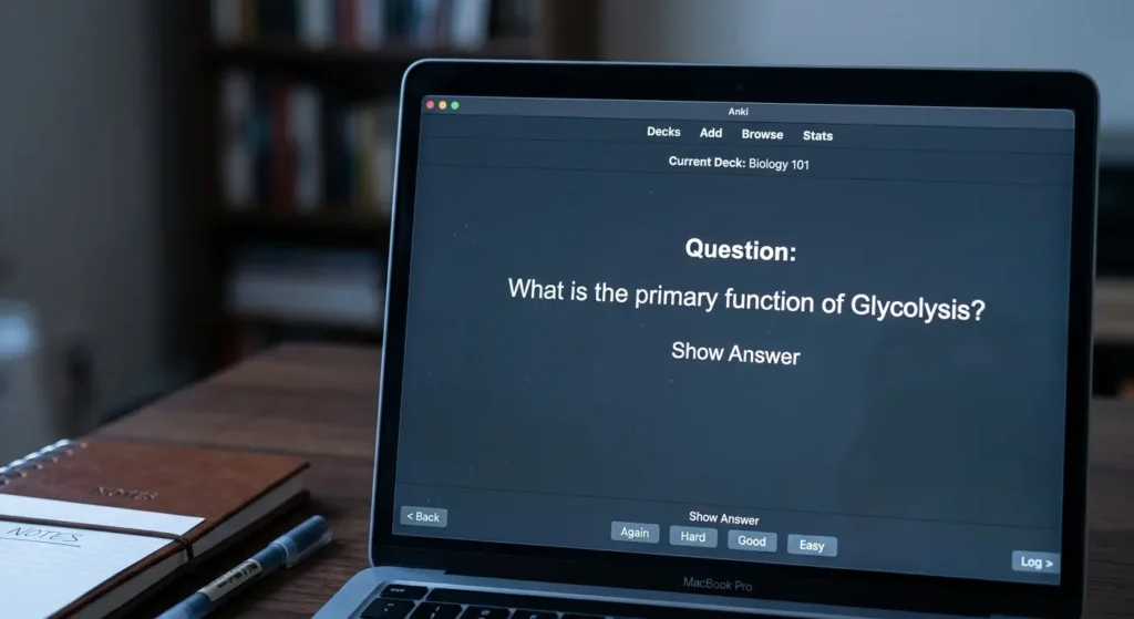 Laptop screen showing the Anki flashcard app interface with a single study question displayed on a clean desk