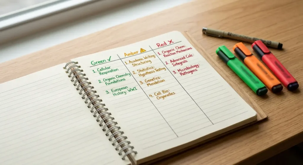 A notebook open to three columns labelled Green, Amber, and Red with exam topics colour-coded by confidence level