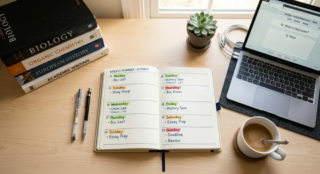 A student's desk with a colour-coded 7-day study calendar, open laptop showing Anki flashcards, and study notebooks