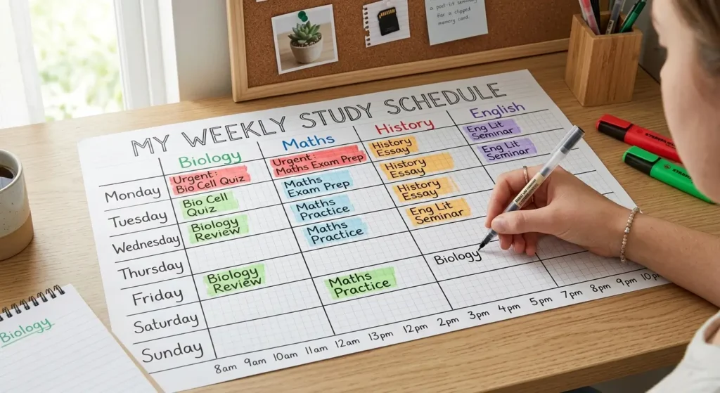 A hand-written study timetable across 7 days with multiple subjects colour-coded red amber and green by urgency