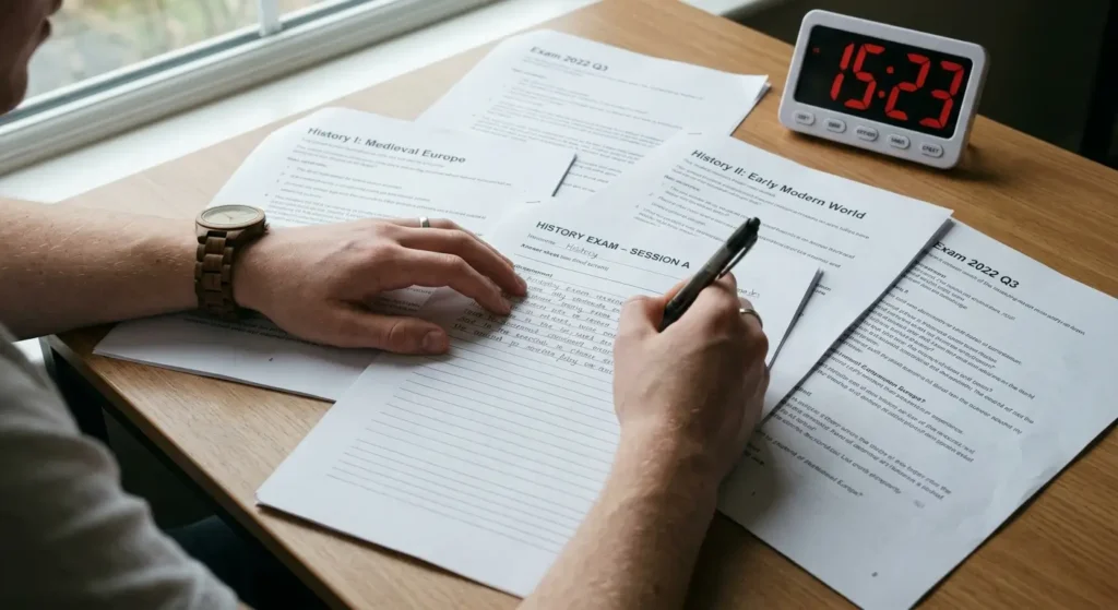 Printed exam past papers spread on a clear desk with a student writing full answers under timed conditions